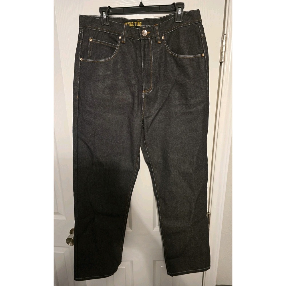 Game Time Men's Hip Hop SJ Embroider Denim Black Jeans Y2K Styled Baggy Size 34